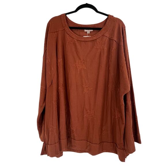GiGio Tops - Gigio Plus Sienna Brown Star Textured Slub Stretchy Long Sleeve Top Women’s 2X